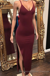 Affordable Long Mermaid Sleeveless V-neck Semi Formal Prom Dress with Slit